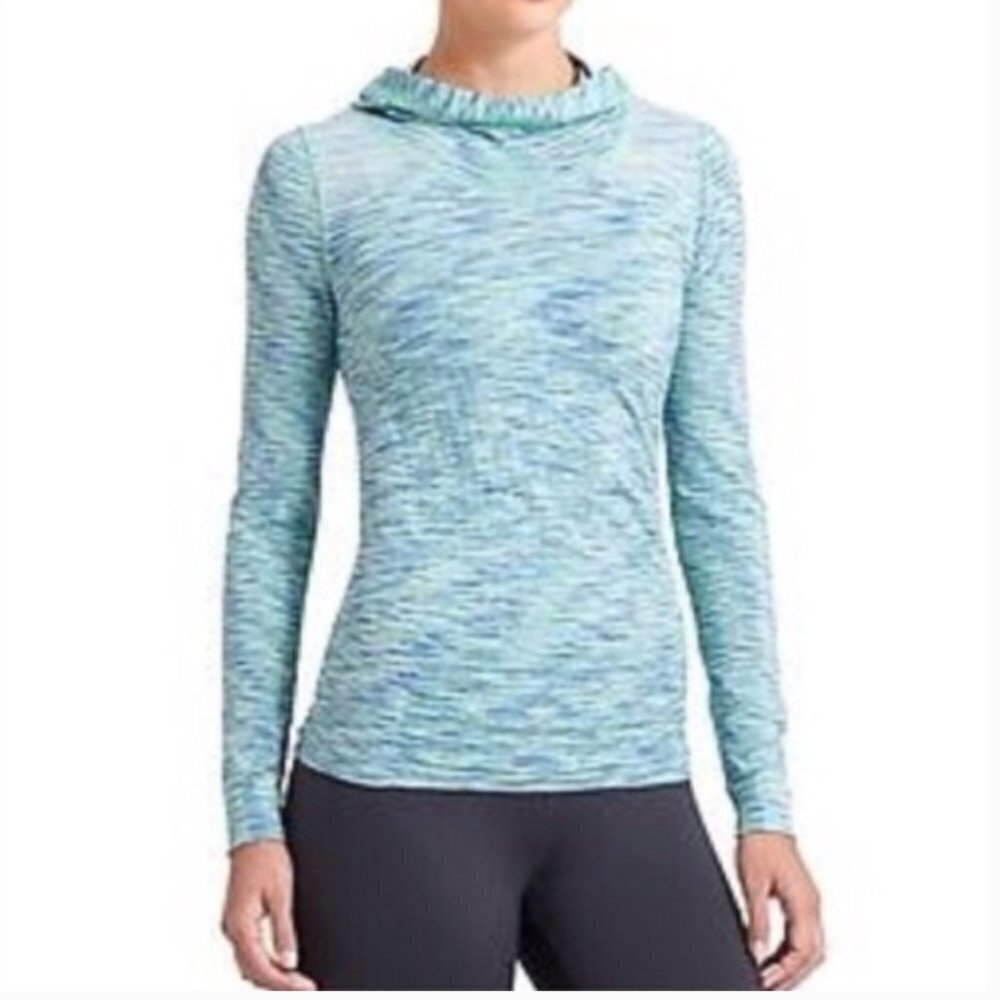 Athleta Radience Space Dye Green Blue Hooded Pullover long sleeve top. Large